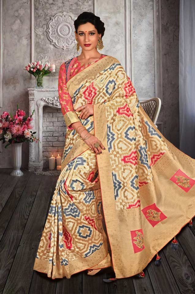 Traditional Banarasi Silk Saree With Contrast Blouse (With Embellished Border),-Cream,Pink & Grey