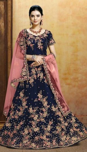 Bridal Wear Lehengas, Net & Velvet Fabrics-Blue & Peach colour