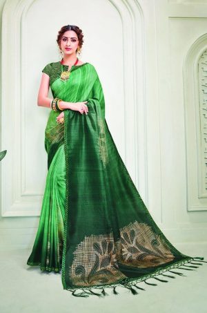 Party Wear printed Silk Fabric, Designer saree- green colour