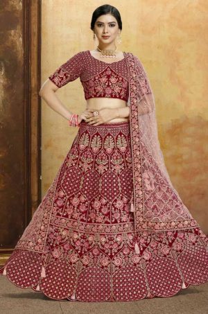 Bridal Wear Lehengas, Net & Velvet Fabrics- Red & Peach colour