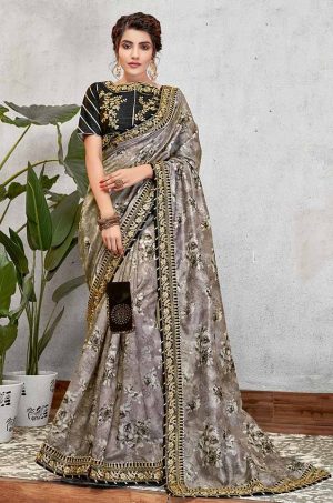 Traditional Saree With Desingner Contrast Blouse & Embellished Border- black & grey colour