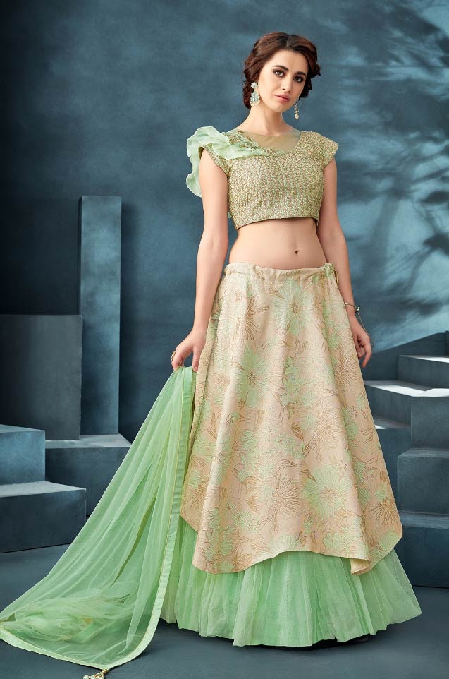 Desingner bridal wear Lehengas,Net,Jacquard & Silk Fabrics- Beige & c.green colour