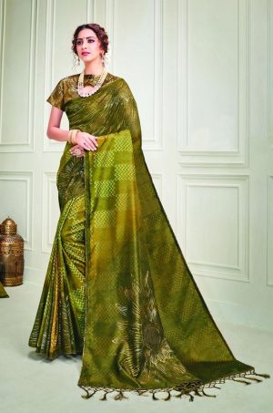 Party Wear printed Silk Fabric, Designer saree- mehendi & musterd colour