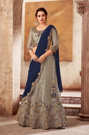 Traditional Wear Lehengas Weaved Jacquard Silk,Lycra Raw Silk & Net Febrics-  blue & grey colour