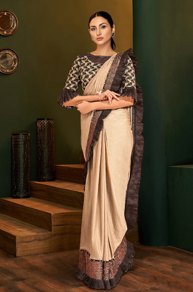 Party Wear Sarees With Designer Blouses & Border, Ready Plated- brown & beige colour