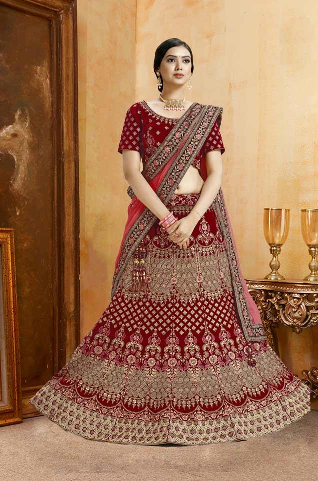 Bridal Wear Lehengas, Net & Velvet Fabrics- Red colour