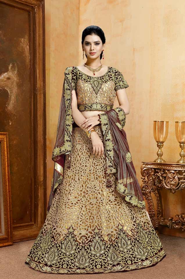 Bridal Wear Lehengas, Net & Velvet Fabrics- Maroon & Peach Colour – Best Marriage Lehenga for Dulhan Online Offer