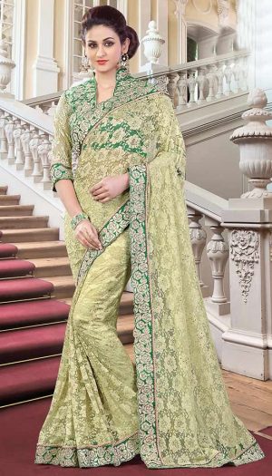Traditional Saree With Blouse & Embellished Border- green colour