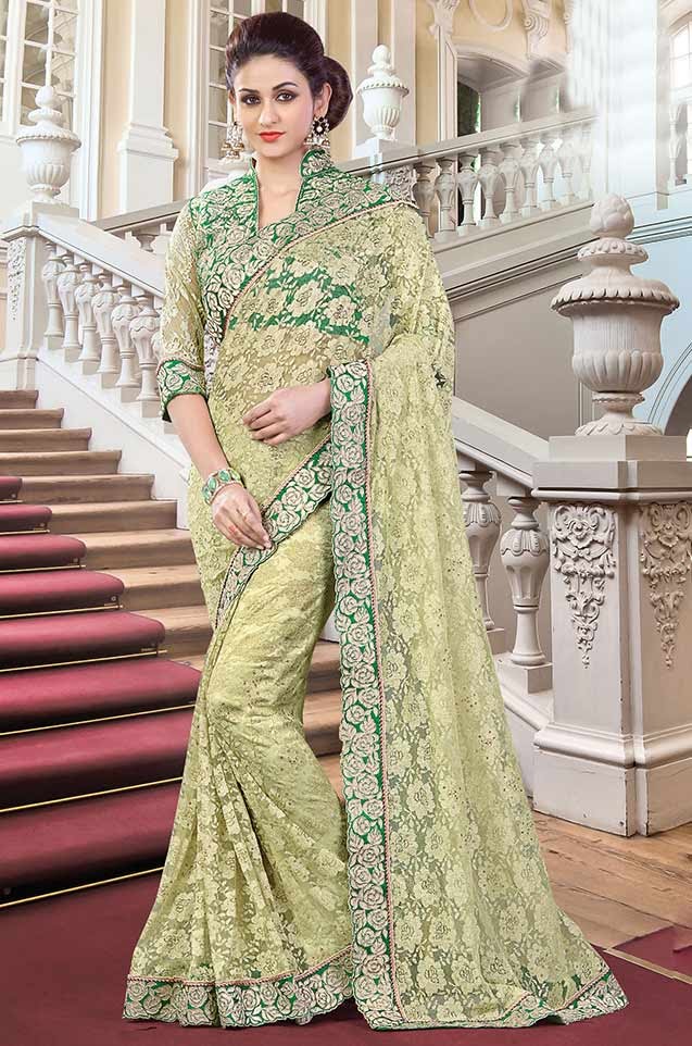 Traditional Saree With Blouse & Embellished Border- green colour
