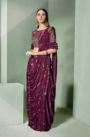 Party Wear Sarees With Designer Contrast Blouses- Ready Plated- wine colour