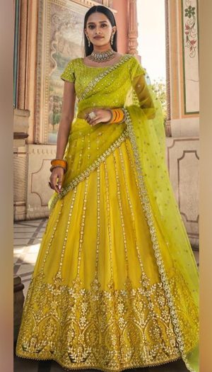 Georgette Embroidery Crop Top Lehenga Choli In Yellow Colour - LD3880420