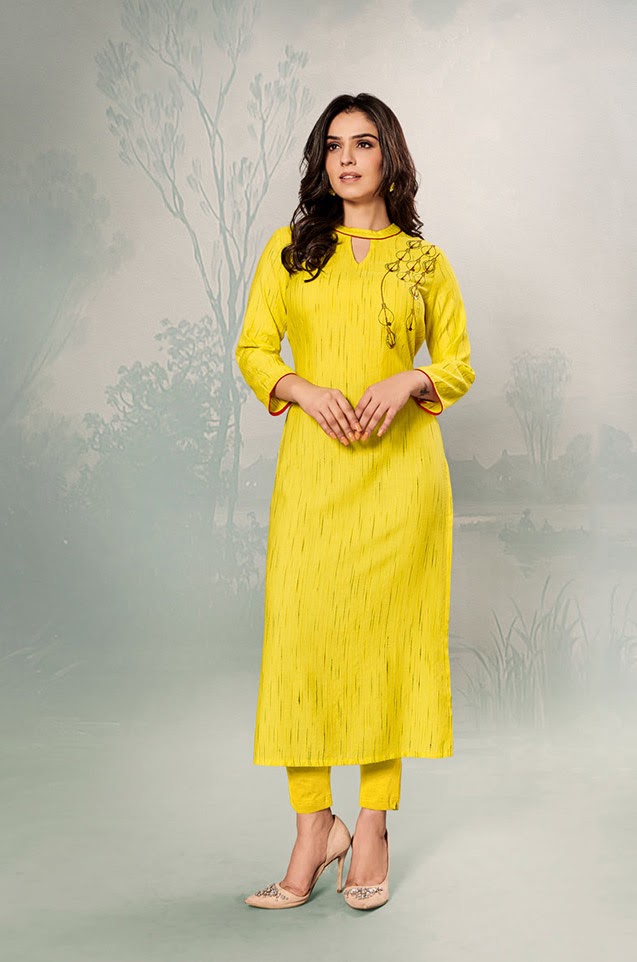 Laxmipati Cotton Base Fabric- yellow colour Kurti