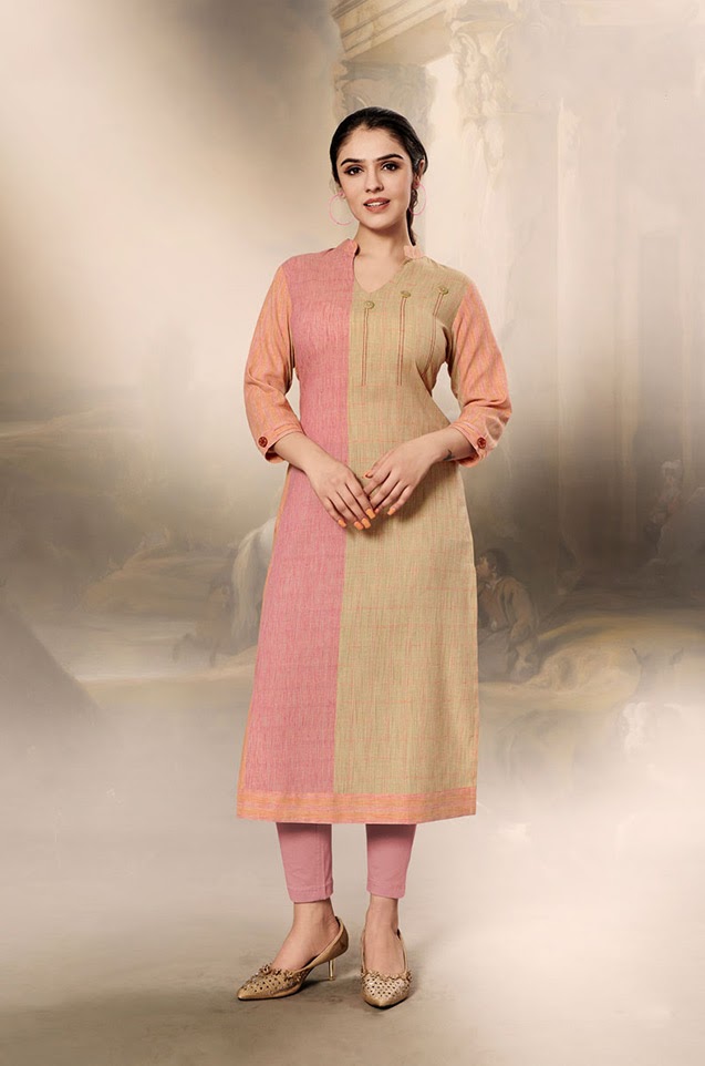 Laxmipati Cotton Base Fabric- Tan, Peach & Baby pink colour Kurti
