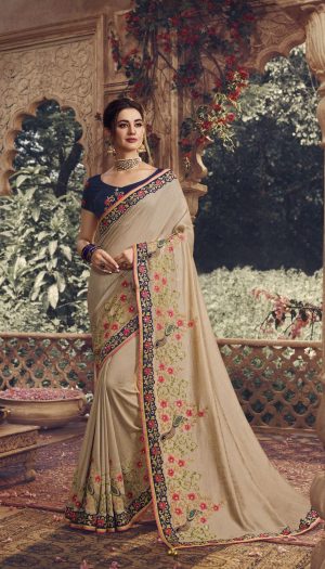 Traditional waer handloom Silk embroidery work Saree With Contrast Blouse & Embellished Border- beige colour