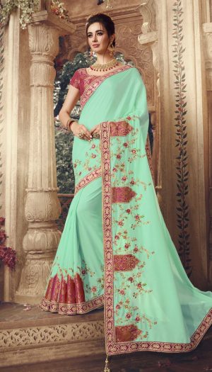 Traditional waer dola Silk embroidery work Saree With Contrast Blouse & Embellished Border- sea green colour
