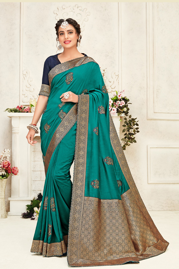 poly silk jaqcard work heavy turqouis green & nevy blue colour designer saree