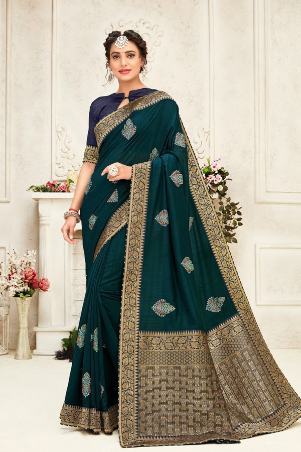 poly silk jaqcard work heavy teal green colour designer saree