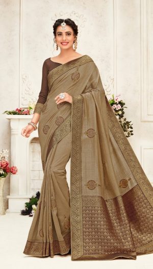 poly silk jaqcard work heavy brown colour designer saree
