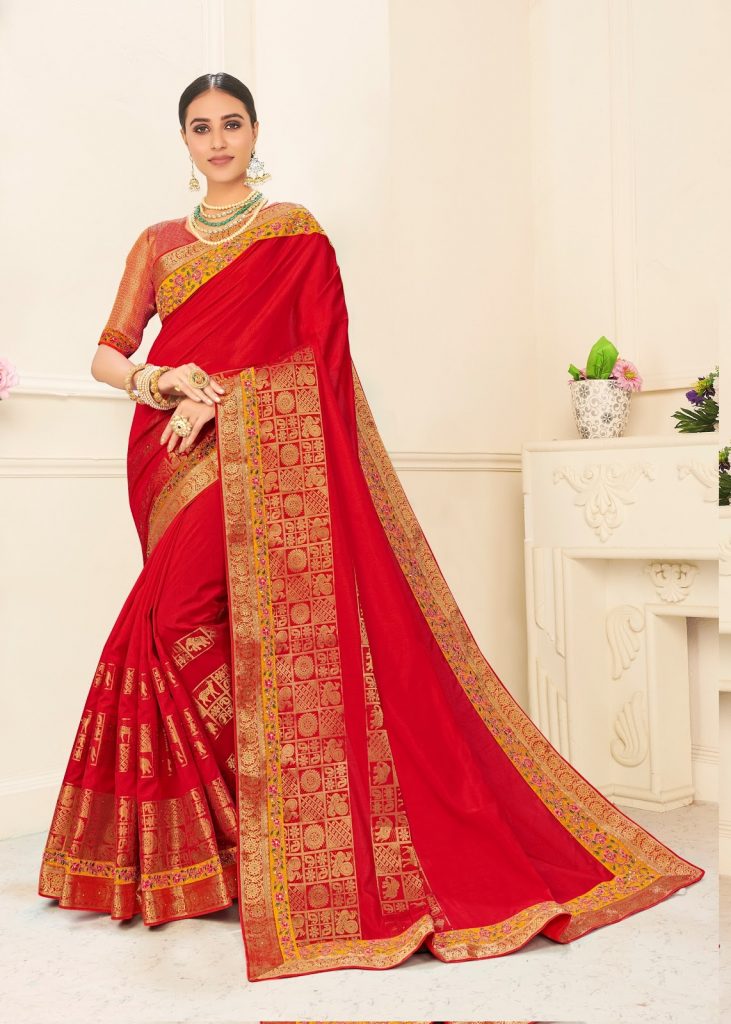 poly silk jaqcard work heavy red colour designer saree