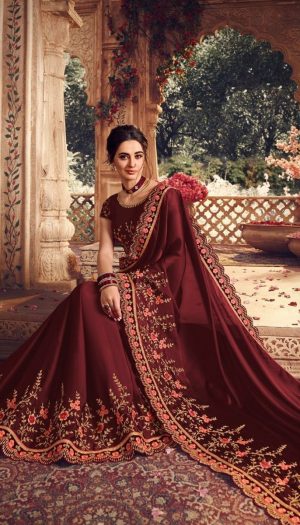 Traditional waer satin Silk embroidery work Saree With Contrast Blouse & Embellished Border- maroon colour