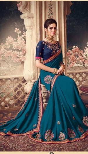 Traditional waer handloom Silk embroidery work Saree With Contrast Blouse & Embellished Border- peacock blue colour