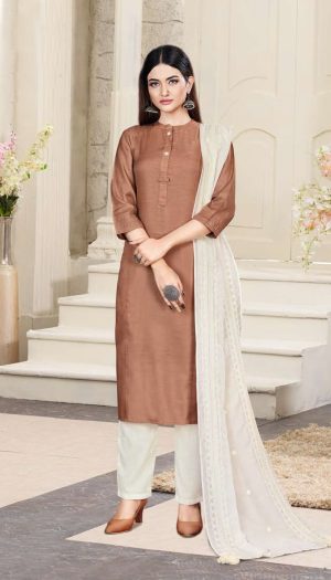 Simple Suit for Office, Home & Party Wear – Readymade Salwar Suit With Dupatta – Shober Suit, Salwar & Dupatta In Tussar Silk Fabric
