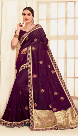 poly silk embroidery work heavy wine colour designer traditional wear saree