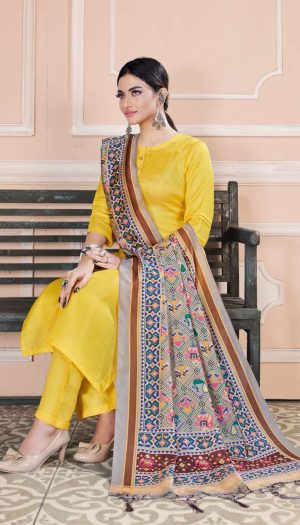 Readymade Pant Style suit Tusser silk fabrics with fency patola print dupatta- yellow colour