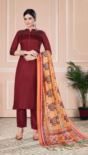 Simple Suit for Office, Home & Party Wear – Readymade Salwar Suit With Dupatta – Shober Suit, Salwar & Dupatta In Tussar Silk Fabric