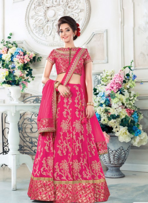 Wedding magenta Pinkcolore Lehengas Net, jacquard Silk