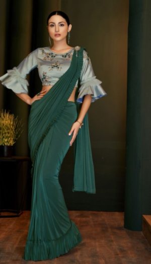 Cocktail Parties Handwork embroidery Green colour saree