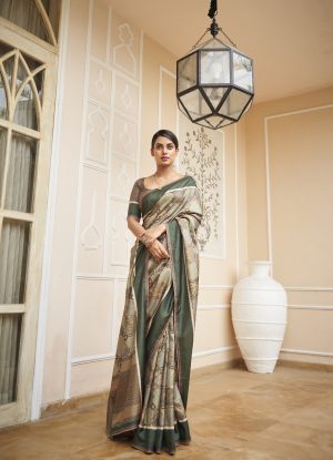 Beige Colored Patola silk printed Saree With Blouse.