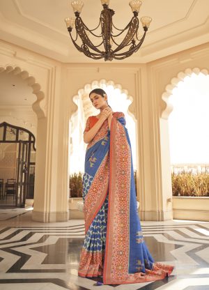 Blue Colored Patola Silk Zari Weaving Digital Print Saree With Blouse.