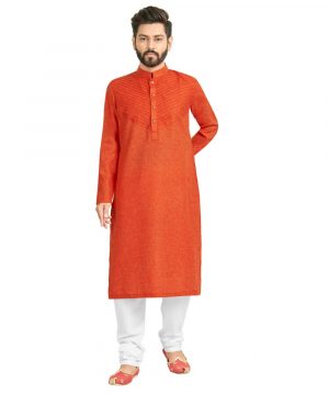 Mahotsav Orange Colored Cotton Men’s Festive Wear Kurta Set.