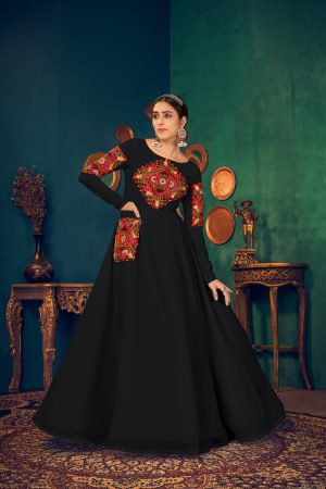 Black Colored Georgette Anarkali Style Party Wear Gown.