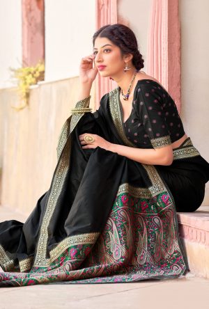 Black Colored Silk Zari Woven Saree With Blouse.