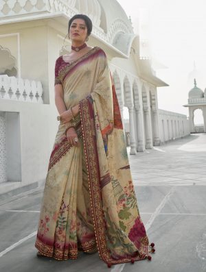 Beige Colored silk digital Material zari weaving digital print Saree With Blouse.