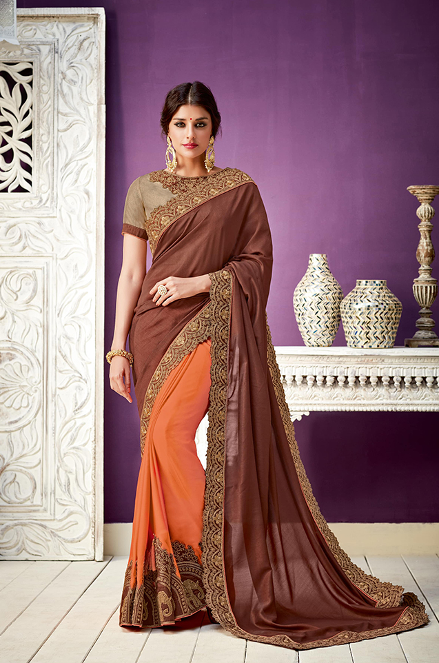 Brown Colored Georgette Designer Wear Saree With Blouse.