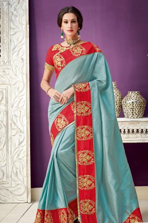Blue Colored Silk Designer Wear Saree With Blouse.