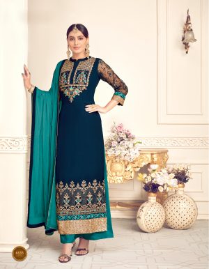 Blue Viscose Georgette Embroidered Straight Plazzo Style Suit.