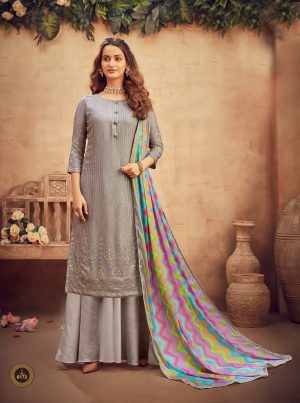 Grey Pure Viscose Embroidered Work Palazzo Suit