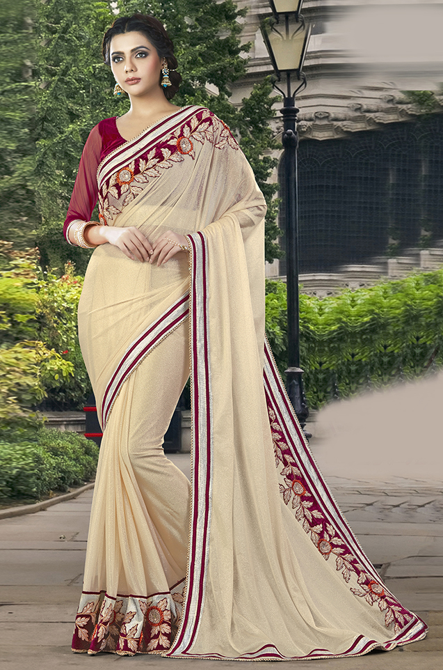 Cream Colored Kintted Georgette Designer Wear Saree With Blouse.