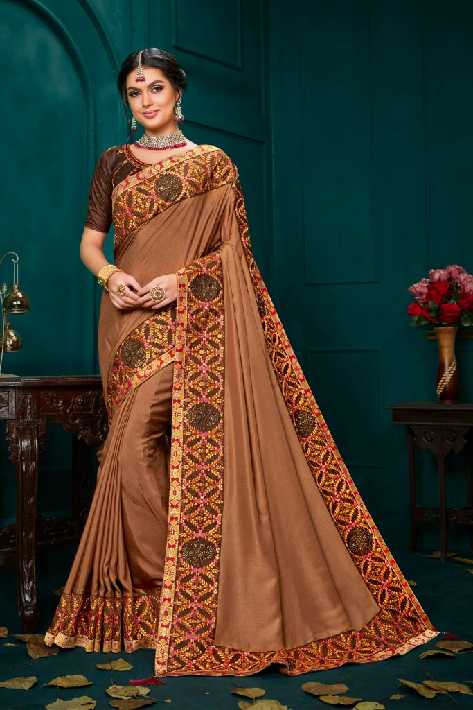 Aapnam Brown Poly Silk Heavy Embroidered Designer Saree