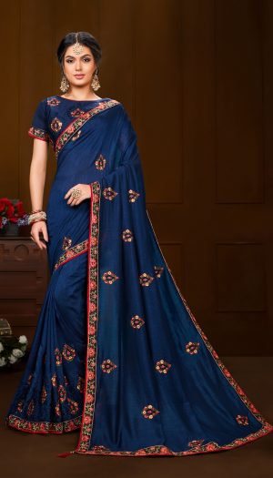 Aapnam Blue Poly Silk Heavy Embroidered Designer Saree