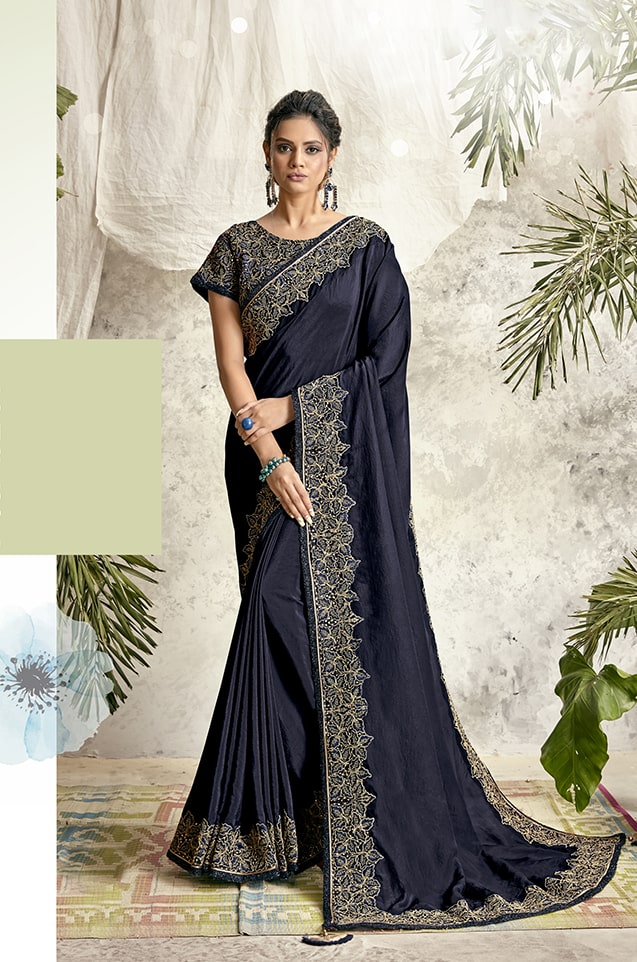 Navy Blue Colored Silk georgette Designer Wear Saree With Blouse.