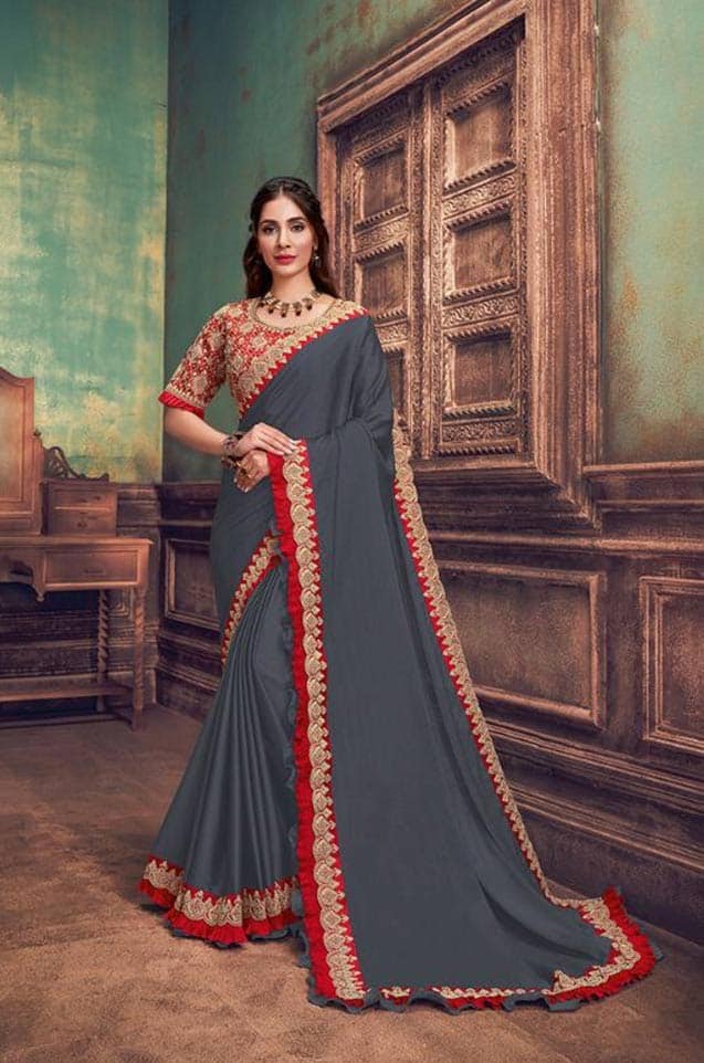 Party Wear Sarees With Designer redy Blouses & border – red & grey colour