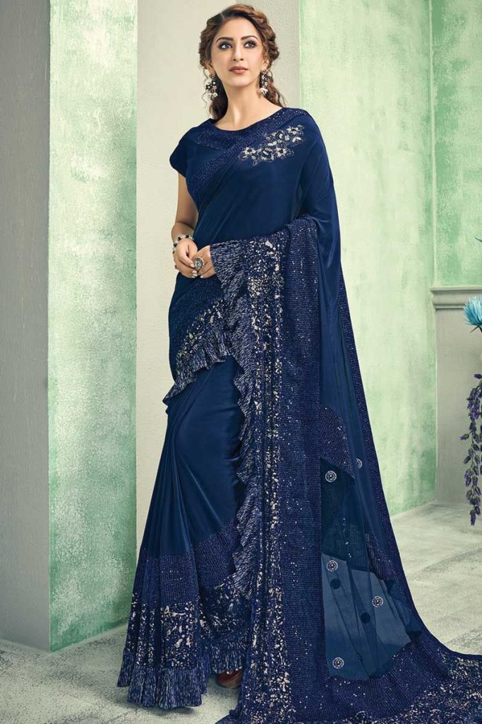 Blue Color Lycra Saree With Raw Silk Blouse