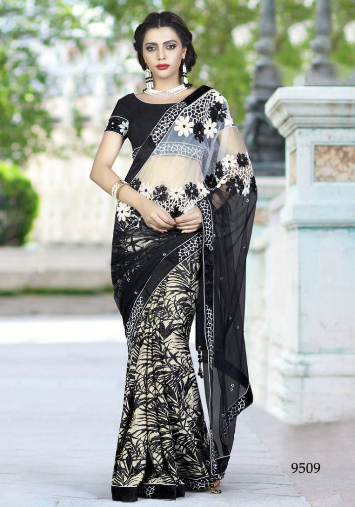 BLACK EMBROIDERED NET SAREE WITH BLOUSE