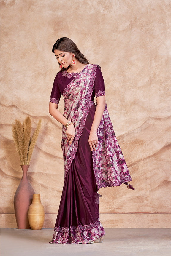 Wine Satin Crepe Silk Digital Sequence Ready to wear Saree with Stitched Blouse