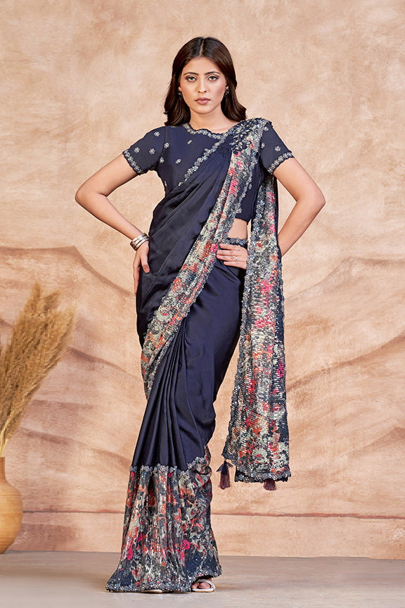 Navy Blue Satin Crepe Silk Digital Sequence Ready to wear Saree with Stitched Blouse